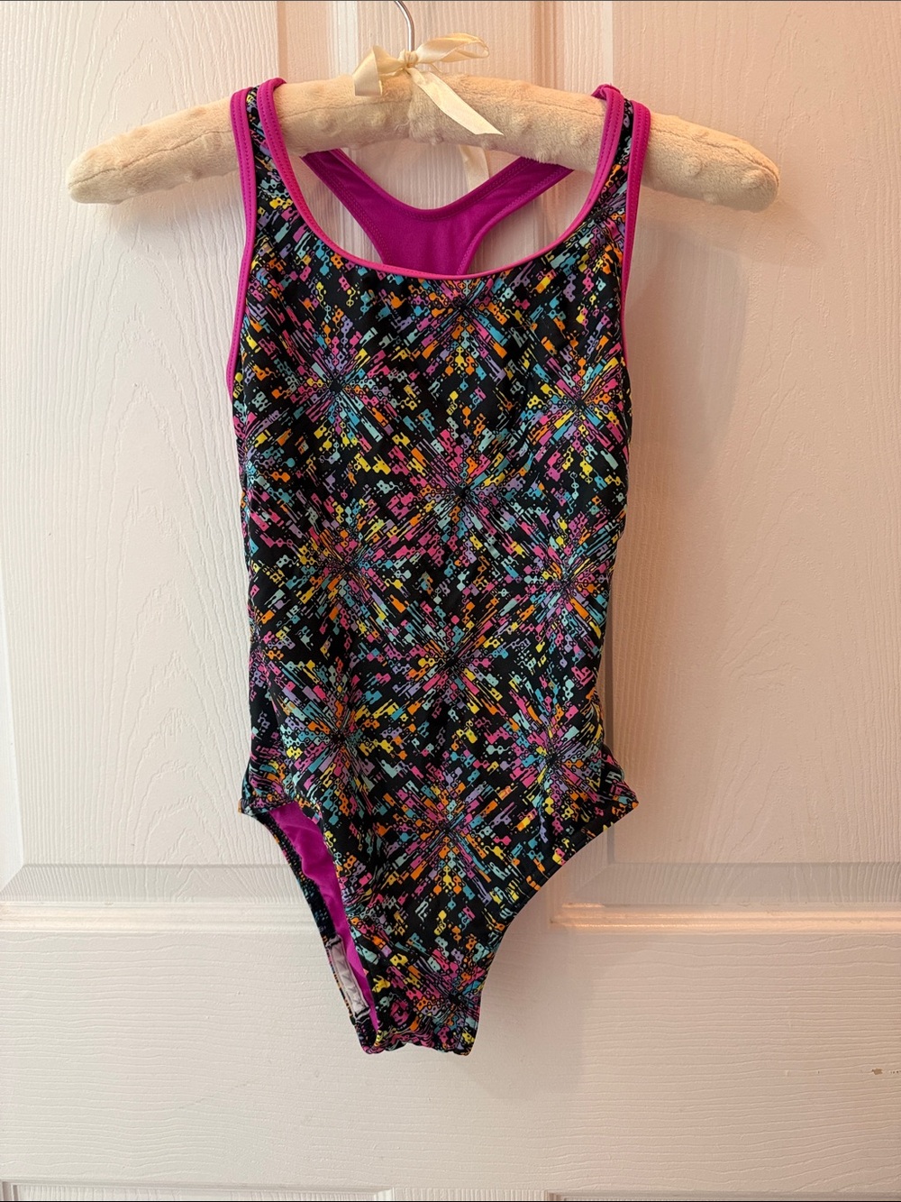 Speedo Girls Black One-Piece Swimsuit with Pink Trim and Multicolor Print